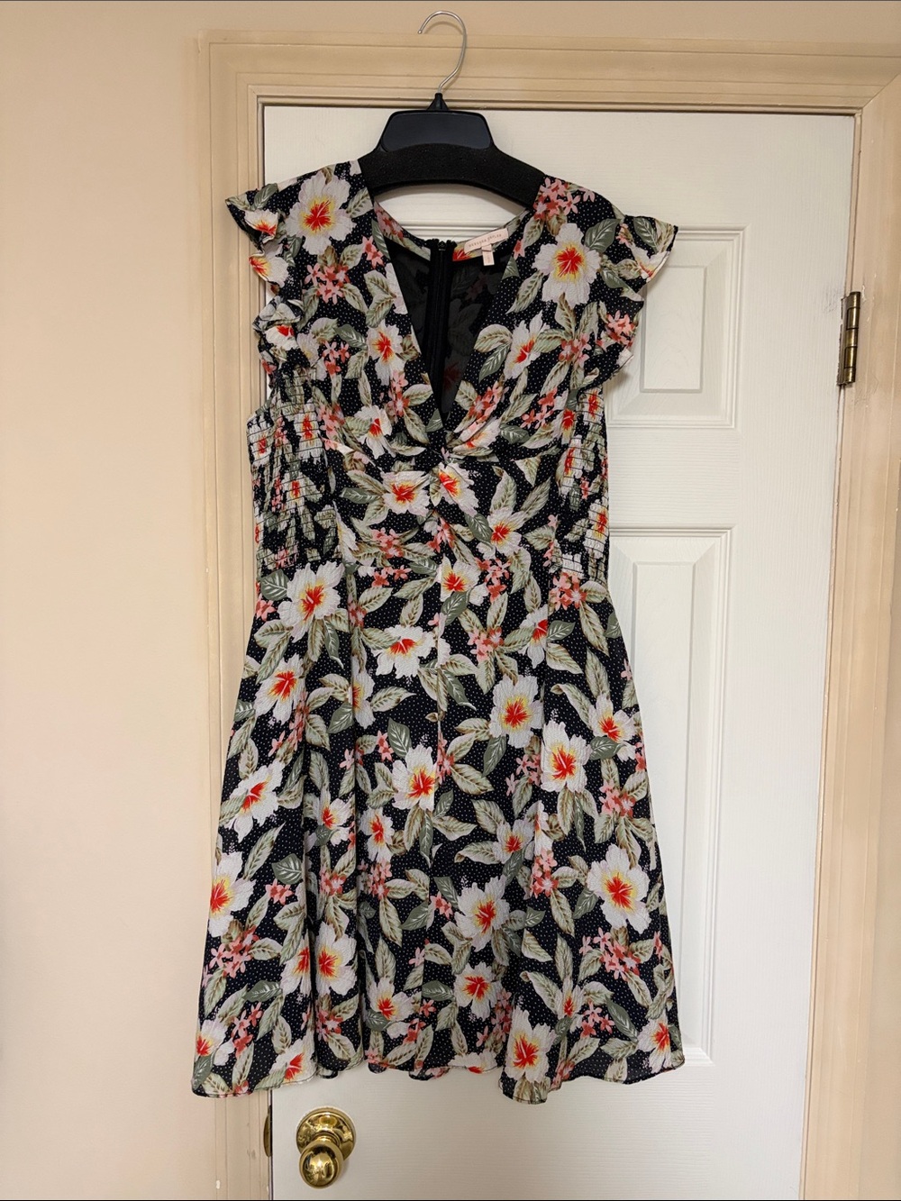 Rebecca Taylor Black Floral Midi Dress with White & Pink Blooms